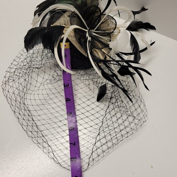Black Headband Feathers Fascinator with Black netting on Headband - Picture 8 of 15